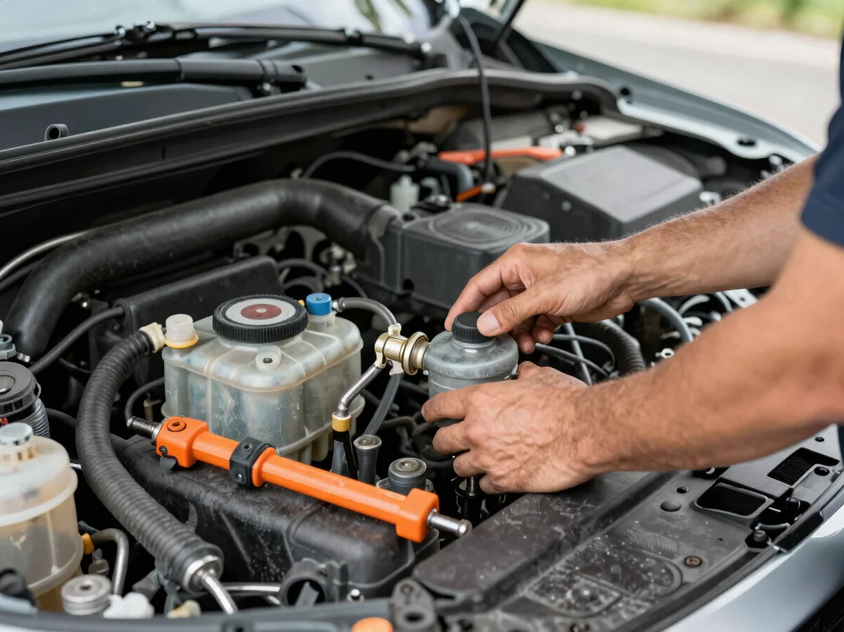 Close detail of a technician's hands checking fluid levels under a vehicle hood in natural daylight, clean practical too